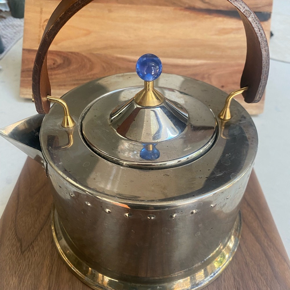 Bodum Stainless Steel Teapot with Blue Knob and Brown Handle